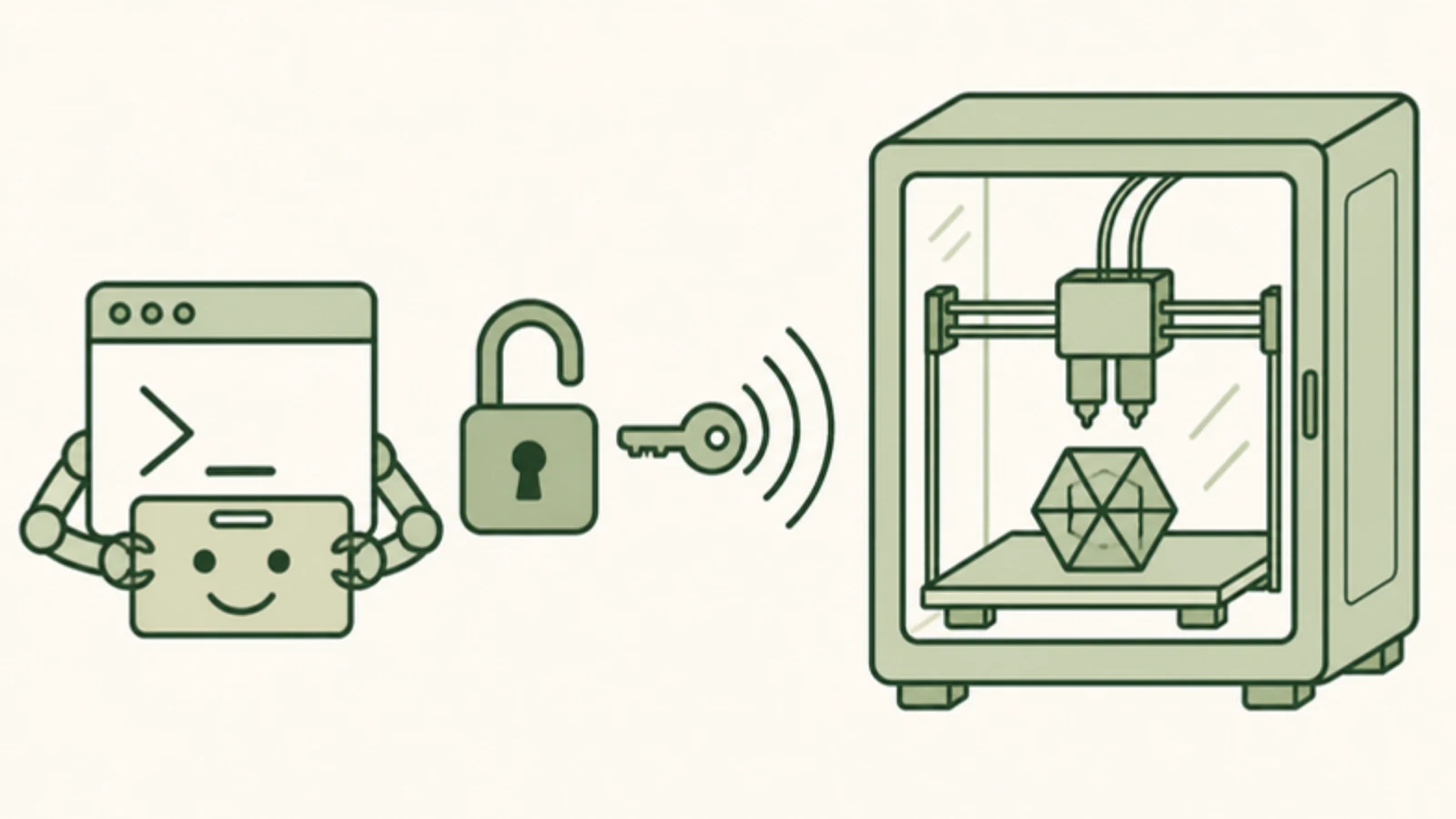 Illustration of a terminal window holding a disguise mask to pass a signature checkpoint and reach an enclosed dual-nozzle 3D printer
