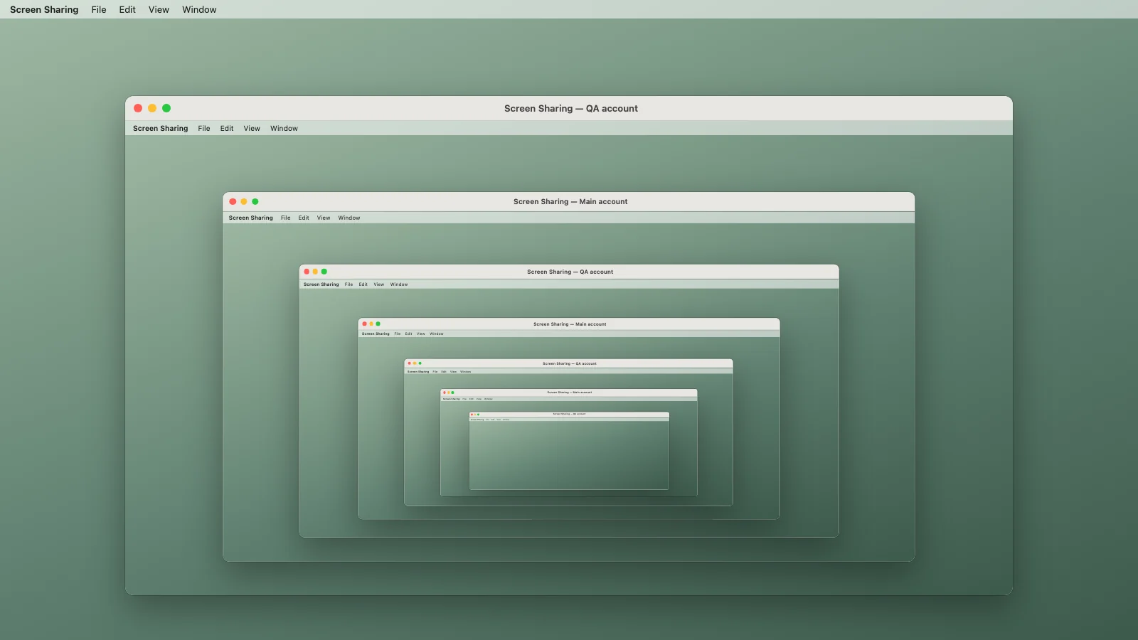 Illustration of Screen Sharing windows nested inside each other, switching between the main and QA accounts